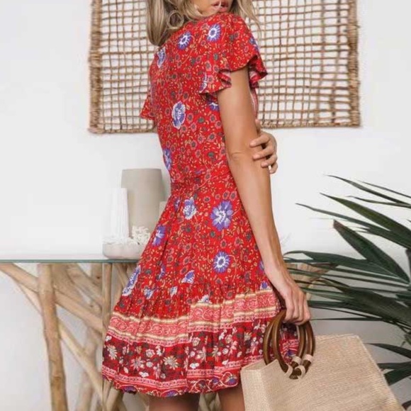 Bohemian Mint Green Floral Print Butterfly Sleeve Wrap Dress - Picture 10 of 11